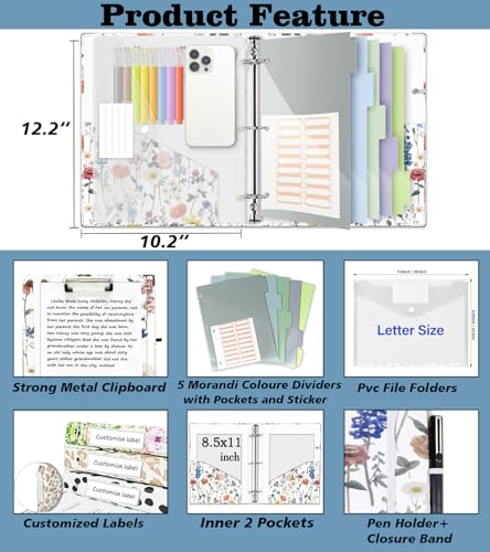 3 Ring Binder 1 Inch, Three Ring Binders Organizer with Clipboard, 5-Tabs Pockets Dividers, Plastic Folder, 18 Divider Stikers, BVSSX Cute Binder with Pen Loop (Blue Bloom, Letter Size) - color: Blue Bloom, size: 1in（Letter Size）