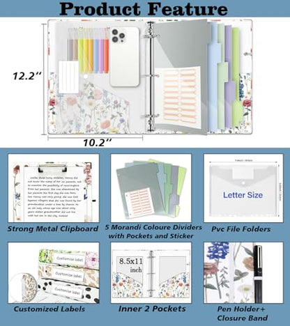 3 Ring Binder 1 Inch, Three Ring Binders Organizer with Clipboard, 5-Tabs Pockets Dividers, Plastic Folder, 18 Divider Stikers, BVSSX Cute Binder with Pen Loop (Blue Bloom, Letter Size) - color: Blue Bloom, size: 1in（Letter Size）