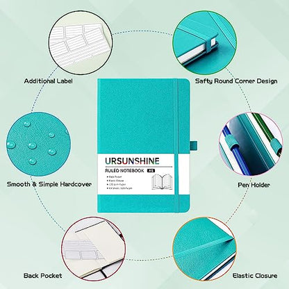 Ruled Notebook/Journal - Classic Lined Journal/Notebook, Hardcover with Thick Paper, 5.3" x 8.26", Banded + Pen Holder +Inner Pocket - Cyan - color: Cyan, size: Ruled