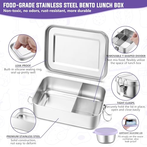 HaWare Large Stainless Steel Bento Lunch Box, 47oz (1400ml) with Divider | 3 Compartment, Purple Condiment Container &Carrying Bag Included, Leak-Proof, Dishwasher Safe - color: Lilac Purple, size: 47oz-(1400ml)