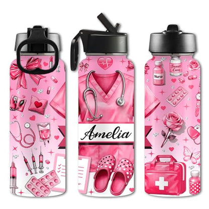 Personalized Insulated Nurse Water Bottle Custom 18oz 32oz Stainless Steel with Lid Name Nursing Student Graduation Gifts for Nurse Week Hospital Staff Appreciation Birthday Healthcare Worker - color: Design-3