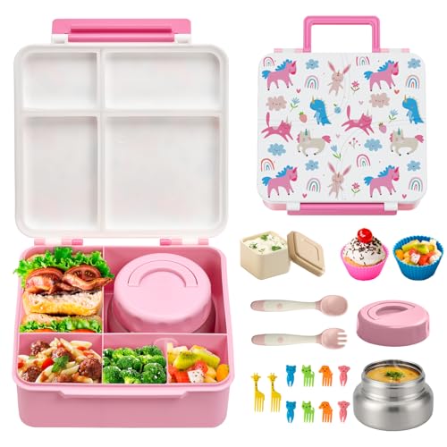 JSLOVE Bento Lunch Box with Leak Proof Thermos Food Jar for Kids, Food Lunch Containers for Girls with 4 Compartments, BPA-Free with Utensils, Food Picks, Sauce Jar & Silicone Lunch Box Dividers - color: Unicorn