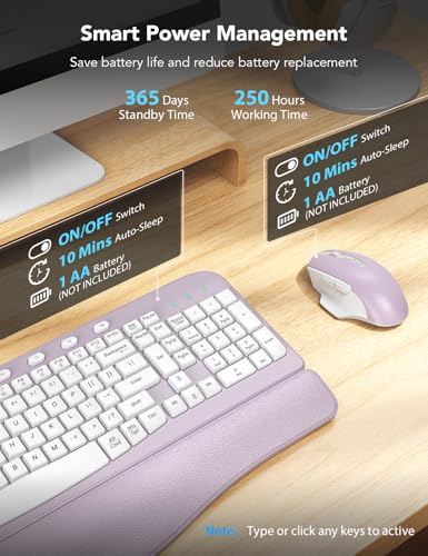 SABLUTE Wireless Keyboard and Mouse Combo with Ergonomic Wave Key | Leather Soft Palm Rest, 2.4G Full Size, 6-Button Mouse, 4-Level DPI, USB-A/C, MA12 Set for PC, Laptop, Windows, Mac (Purple) - color: Lavender Purple