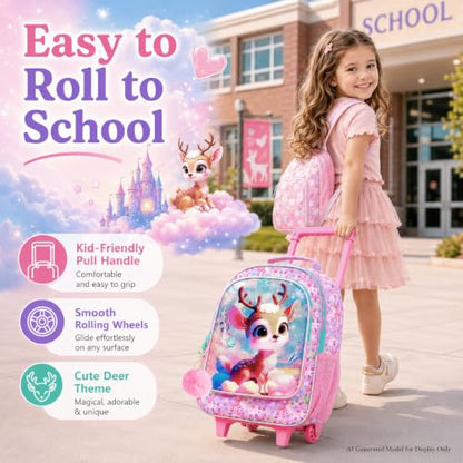 gxtvo Girls Rolling Backpack, Cute Deer Roller Wheels Kids Bookbag - Wheeled Elementary School Bag - 3PCS Deer - color: Uv Printing Clouds Sika Deer Rolling Backpack
