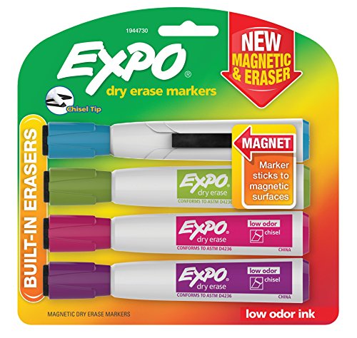 EXPO Magnetic Dry Erase Markers with Eraser, Chisel Tip, Assorted Colors, 4-Count - color: Assorted Colors, size: 4 Count (Pack of 1), style: CHISEL