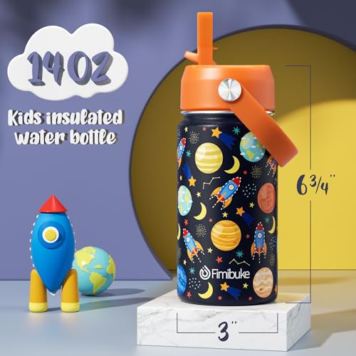 Fimibuke Kids Insulated Water Bottle, 14oz BPA FREE 18/8 Stainless Steel Travel Tumbler Double Wall Vacuum Leak Proof Kids Cup with Straw Metal Water Bottle for School Boys Girls(1 Pack, Space) - color: A3. SPACE