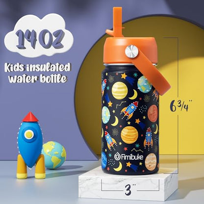 Fimibuke Kids Insulated Water Bottle, 14oz BPA FREE 18/8 Stainless Steel Travel Tumbler Double Wall Vacuum Leak Proof Kids Cup with Straw Metal Water Bottle for School Boys Girls(1 Pack, Space) - color: A3. SPACE