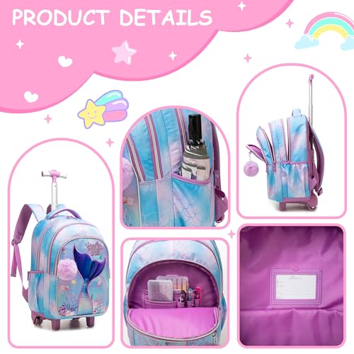 Mermaid Rolling Backpack for Kids 8-12 Girls Rolling Backpack Kids Trolley School Bag with Wheels Travel Backpacks Carry on Luggage for Girls with Lunch Box Pencil Case - color: Mermaid Purple