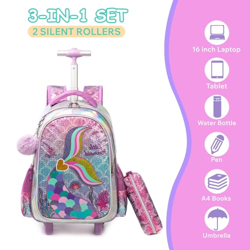 Kids Rolling Mermaids Backpack for Girls Sequins Trolley Suitcases Luggage Travel with Wheels Bookbag Wheeled 17" Roller Backpacks Toddler Back Pack School Bags for Elementary Golden Heart - color: 5416-meirenyu-golden