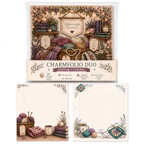 Charmfolio Duo Knitting & Crochet Binder Paper, 80 College Ruled Sheets, 8.5 x 11 3 Hole Punched Loose Leaf Stationery, Back to School Basics, Backpack Essentials for Crafty Besties