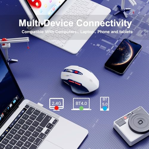 Uineer Bluetooth Mouse - Multi-Device Wireless, Rechargeable Ergonomic Mouse with Visible Battery Level, Tri-Mode (BT 5.0/4.0+2.4G Hz), 4 Adjustable DPI, Coldless for Laptop and PC (Blue White) - color: Blue White