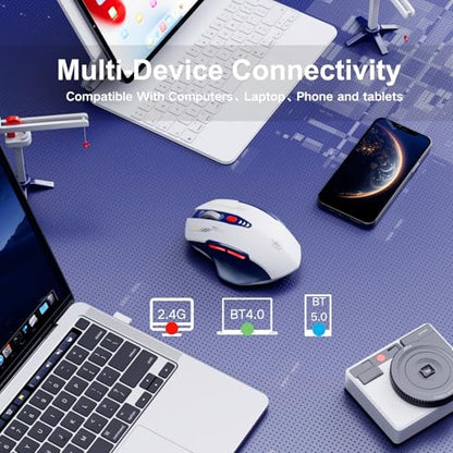 Uineer Bluetooth Mouse - Multi-Device Wireless, Rechargeable Ergonomic Mouse with Visible Battery Level, Tri-Mode (BT 5.0/4.0+2.4G Hz), 4 Adjustable DPI, Coldless for Laptop and PC (Blue White) - color: Blue White