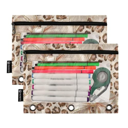 Gredecor 3 Ring Binder Pencil Pouch, Leopard Cheetah Bow Zippered Pen Case Pouches with Clear Window, 2 Pack Stylish Office & School Supplie - color: Leopard Cheetah Bow