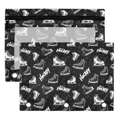 Black Hockey Player Binder Pouches 3 Ring for Boys Girls School Office College Supplies Slapshot Sports Ice Ball Pencil Pouches Case Bag with Clear Window and Zipper 2 Pack - color: Black Hockey