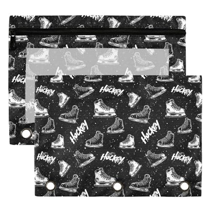 Black Hockey Player Binder Pouches 3 Ring for Boys Girls School Office College Supplies Slapshot Sports Ice Ball Pencil Pouches Case Bag with Clear Window and Zipper 2 Pack - color: Black Hockey