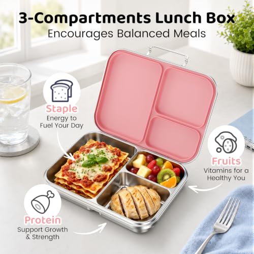 Pawtong Stainless Steel Bento Box for Kids and Adults, 3 Compartment Leakproof Lunch Box with Removable Silicone Seal and Silicone Contianer, Metal Lunch Container for School, Work and Travel (Pink) - color: Pink