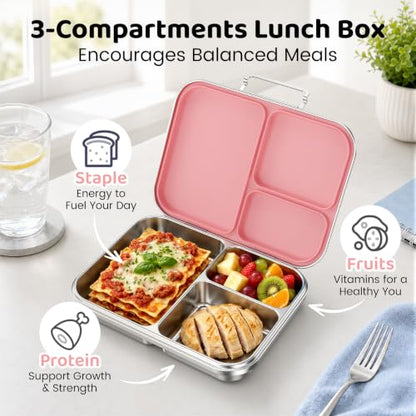 Pawtong Stainless Steel Bento Box for Kids and Adults, 3 Compartment Leakproof Lunch Box with Removable Silicone Seal and Silicone Contianer, Metal Lunch Container for School, Work and Travel (Pink) - color: Pink