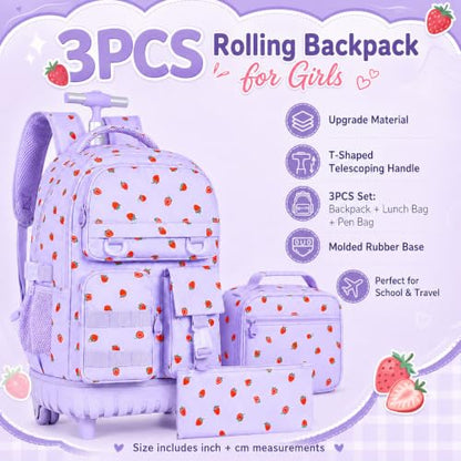 WZLVO 3PCS Roller Backpack, Water Resistance Girls Wheeled Bookbag, Women Aesthetic Rolling School Bag Set with Lunch Box & Pencil Bag for Teens & Kids - Purple Strawberry - color: 3pcs Girls Rolling Backpack - Purple Strawberry