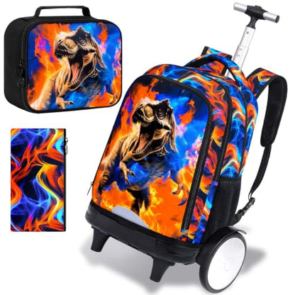 KLFVB Big Quiet-Glide Wheels Rolling Backpack, 3-in-1 Roller Bag Set with Lunch Bag | Water-Resistant Wheeled Bookbag for Boys, School, Travel, Play - Flame T-Rex - color: Rolling Backpack with Big Wheels - Flame T-Rex