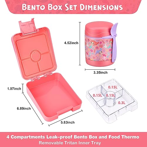 Pawtong Bento Lunch Box Set With 10oz Soup Thermo, Leak-proof Lunch Containers with 4 Compartment, Kids Hot Thermo Food Jar/Insulation Lunch Bag, Food Containers for School（Mermaid） - color: Pink-Mermaid