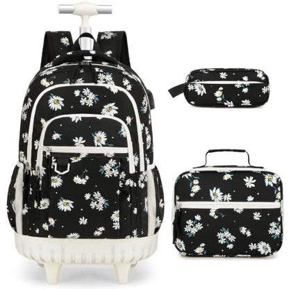 DIGOBAY Rolling Backpack for Girls, Cute Girls Backpack with Wheels, Kids Wheeled backpacks Set with Lunch Bag Pencil Case for Teen Girl, Roller School Bag with Wheels for Elementary Middle School - color: Black Daisy