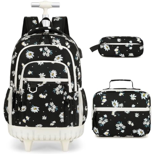 DIGOBAY Rolling Backpack for Girls, Cute Girls Backpack with Wheels, Kids Wheeled backpacks Set with Lunch Bag Pencil Case for Teen Girl, Roller School Bag with Wheels for Elementary Middle School - color: Black Daisy