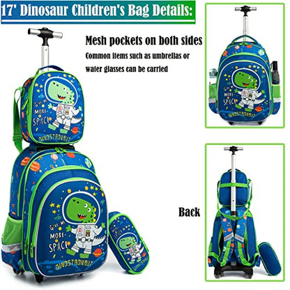 School Bags Kids Rolling Dinosaur Backpack With Wheels Trolley - 3PCS Boys Cat Backpack With Lunch Box Blue - color: Blue-220223-2-l