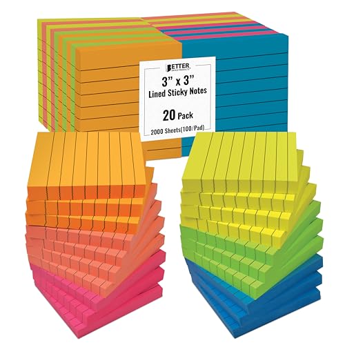 Better Office Products Lined Sticky Notes 3 x 3, 20 Pack Box, 2,000 Sheets (100/Pad), Self Stick Notes with Lines, Bright Assorted Colors, Post Memos, Strong Adhesive, 20 Pads in Box