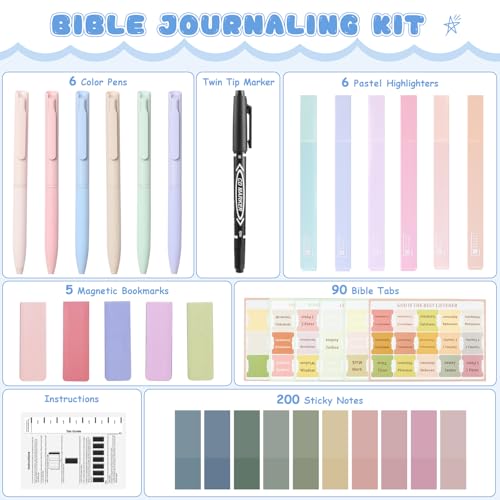 DazSpirit 25Pcs Bible Journaling Kit, Bible Study Supplies for Women | Includes 6 No Bleed Bible Highlighters, 6 Color Pens, 90 Laminated Bible Tabs, Magnetic Bookmarks & Sticky Notes - style: 6 Highlighters