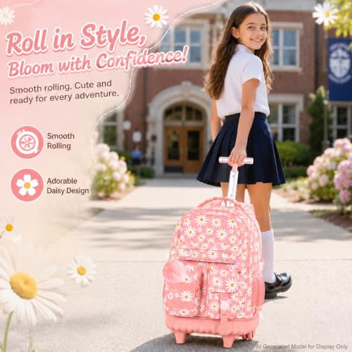 WZLVO 3PCS Rolling Backpack for Girls, Water Resistance Roller Bookbag, Women Aesthetic Wheeled School Bag Set with Lunch Bag & Pencil Bag for Teens & Kids - Pink Chrysanthemum - color: 3pcs Girls Rolling Backpack - Pink Chrysanthemum
