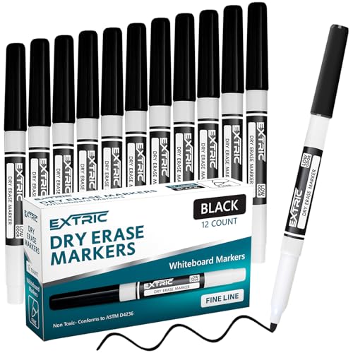 EXTRIC Black Dry Erase Markers Fine Tip 12 PK Whiteboard Markers | Use: School, Classrooms, Offices, Color: Vivid Black Ink, Tip Style: Fine Tip, Feature: Low-Odor and Non-Toxic - color: Black, size: 1 Count (Pack of 12)
