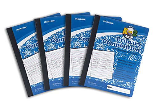 Mintra Primary Composition Notebook, 4 Pack, Blue Cover, 80 Sheets, 7.5in x 9.75in, Full Sheet, Ruled with Drawing Area, Flexible Hardcover Journal, Grades K-2, School & Home Use - color: Primary Ruled - Blue Only - Full Sheet, size: 4 Pack