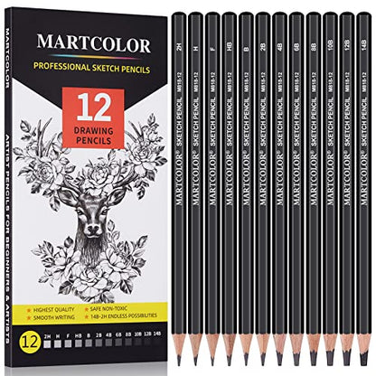 MARTCOLOR Drawing Sketching Pencils Set, 12 Pack Graphite Pencils(14B - 2H), Ideal for Drawing Art, Sketching, Shading, Artist Pencils for Beginners & Pro Artists