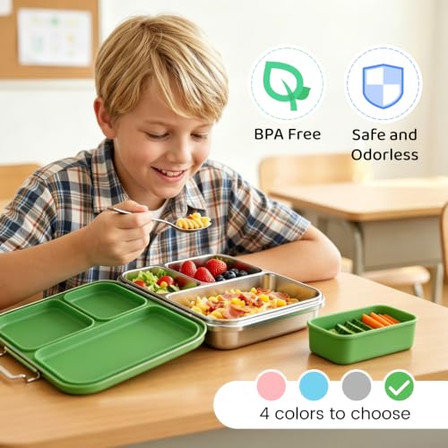 Pawtong Stainless Steel Bento Box for Kids and Adults, 3 Compartment Leakproof Lunch Box with Removable Silicone Seal and Silicone Contianer, Metal Lunch Container for School, Work and Travel (Green) - color: Green