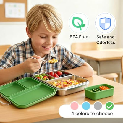 Pawtong Stainless Steel Bento Box for Kids and Adults, 3 Compartment Leakproof Lunch Box with Removable Silicone Seal and Silicone Contianer, Metal Lunch Container for School, Work and Travel (Green) - color: Green