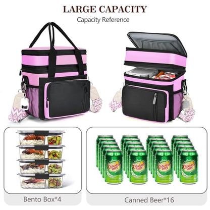 LOKASS Lunch Box & Lunch Bag for Women Men Double Deck, Large Insulated Adult Lunch Box Leakproof Lunchbox Cooler Bag for Work Picnic Beach,（Pink&Black 16L） - color: Pink 2