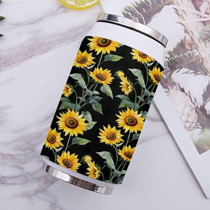 Spring Floral 14oz Stainless Steel Tumbler with Lid & Straw-Double Wall Vacuum Insulated Travel Mug Flowers Yellow Sunflowers Green Leaf Black Back Water Bottle Coffee Beverage Drinks Cup - size: 14 Ounces