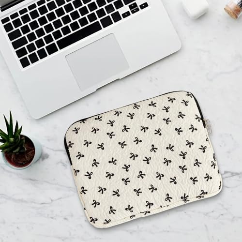Cute Bow Laptop Sleeve 13.3 Inch, Puffy Quilted Protective Case with Bowknot, Aesthetic Padded Computer Cover Compatible with Mac-Book Air Pro, iPad - color: Black White