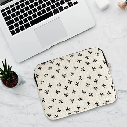 Cute Bow Laptop Sleeve 13.3 Inch, Puffy Quilted Protective Case with Bowknot, Aesthetic Padded Computer Cover Compatible with Mac-Book Air Pro, iPad - color: Black White