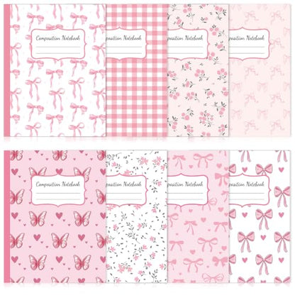 8 Pack Pink Bow Composition Notebooks Bulk Pink Notebook College Ruled Journal 100 Pages Cute Aesthetic Bow Composition Books Back to School Gift for Student Teacher Office Supplies 9.7x7.5 Inch - color: Pink Bow
