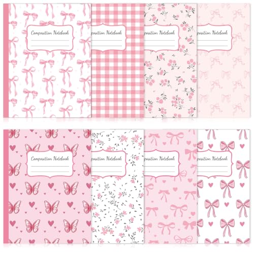 8 Pack Pink Bow Composition Notebooks Bulk Pink Notebook College Ruled Journal 100 Pages Cute Aesthetic Bow Composition Books Back to School Gift for Student Teacher Office Supplies 9.7x7.5 Inch - color: Pink Bow