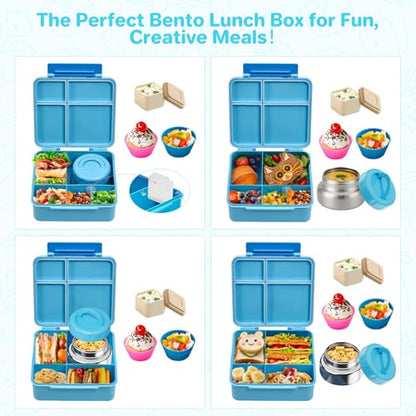 JSLOVE Bento Lunch Box with Leak Proof Thermos Food Jar for Kids, Food Lunch Containers for Boys with 4 Compartments, BPA-Free with Utensils, Food Picks, Sauce Jar & Silicone Lunch Box Dividers - color: Blue