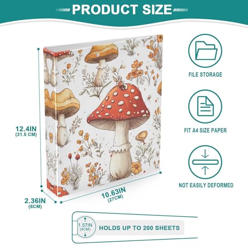 3 Ring Binder with Clipboard, D Rings Holds 200 Sheets, Heavy Duty Binders Folder for School Office, Waterproof PVC Cover with 3 Interior Clear Pockets, Mushrooms