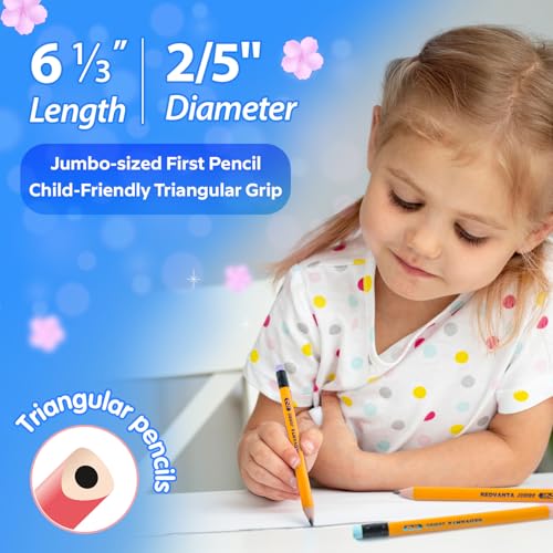Jumbo HB Pre-sharpened Pencils #2 for Toddlers Preschoolers First Writing, Thick Triangular Grip Fat Pencils with Latex-Free Erasers, Break-Resistant, Back to School Supplies, 12 Count - color: Yellow