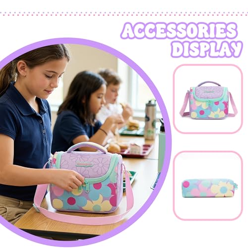 Girls Rolling Backpack with Lunch Box School Backpacks with Wheels 16.5" Roller Backpack for Girls, 3pcs Kids Wheeled Bookbag for Elementary School - color: Zisehuaduo