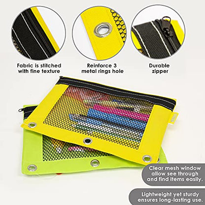 BAZIC PRODUCTS Bright Color 3-Ring Pencil Pouch with Mesh Window, 2-Pack | clear mesh window and a zipper closure for pens; pencils; supplies - color: Purple