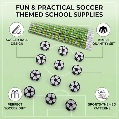 Zerodis 12 Pack Soccer Pencils Set, Football Theme Wooden HB Pencils Sports Party Favors with Erasers for Birthday Classroom School Supplies