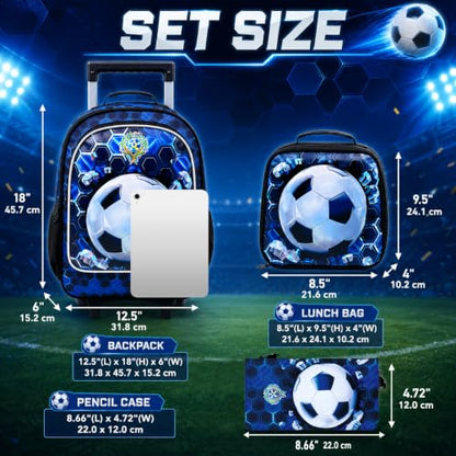 CCJPX 3PCS Soccer Rolling Backpack for Boys, Roller School Bookbag with Lunch Box, Football Water Resistant Wheeled Backpacks for Teens Elementary Travel-Blue - color: Blue Football