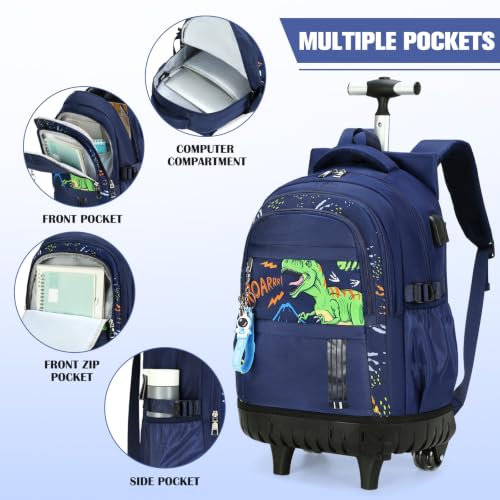 ACESAK Rolling Backpack for Boys, Kids Backpack with Wheels Portable with Insulated Lunch Box & Pencil Case, Multi-Pocket Roller Backpack for Preschool Kindergarten Kids Boys Travel(Dinosaur) - color: Dinosaur