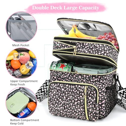 LOKASS Lunch Box for Women-16L-Insulated Lunch Bag Women, Expandable Double-layer Leakproof Cooler Bag with Upgrade Adjustable Shoulder Strap Ideal for Work/Travel/Picnics（Black Flower） - color: Black Flower